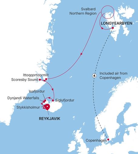 Silver Endeavour Longyearbyen to Reykjavik voyage EV270811017 itinerary map