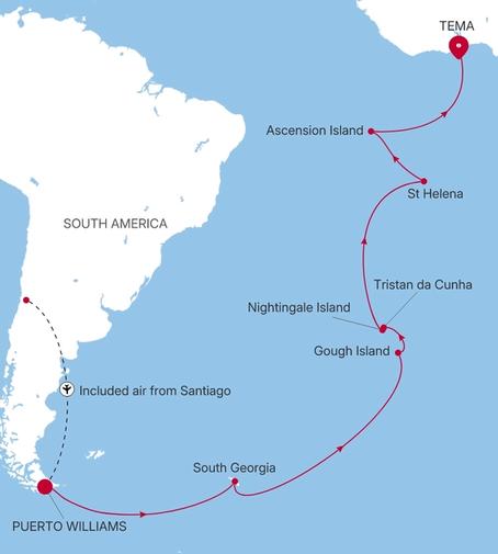 Silver Endeavour Puerto Williams to Tema (Accra) voyage EV280306025 itinerary map