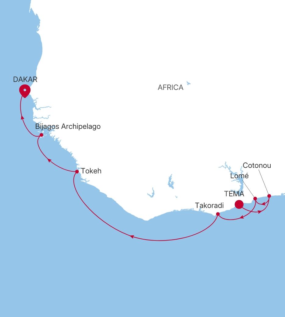 Silver Endeavour Tema (Accra) to Dakar voyage EV280331012 itinerary map