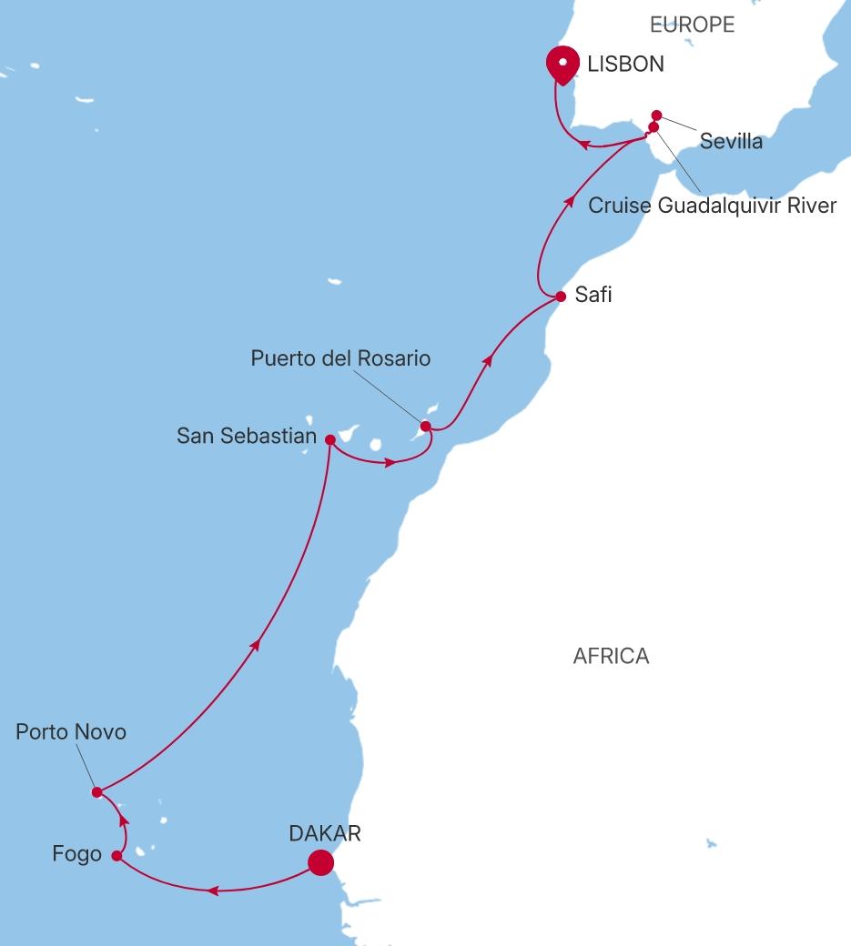 Silver Endeavour Dakar to Lisbon voyage EV280412014 itinerary map