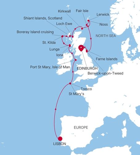Silver Endeavour Lisbon to Edinburgh (Leith) voyage EV280426012 itinerary map