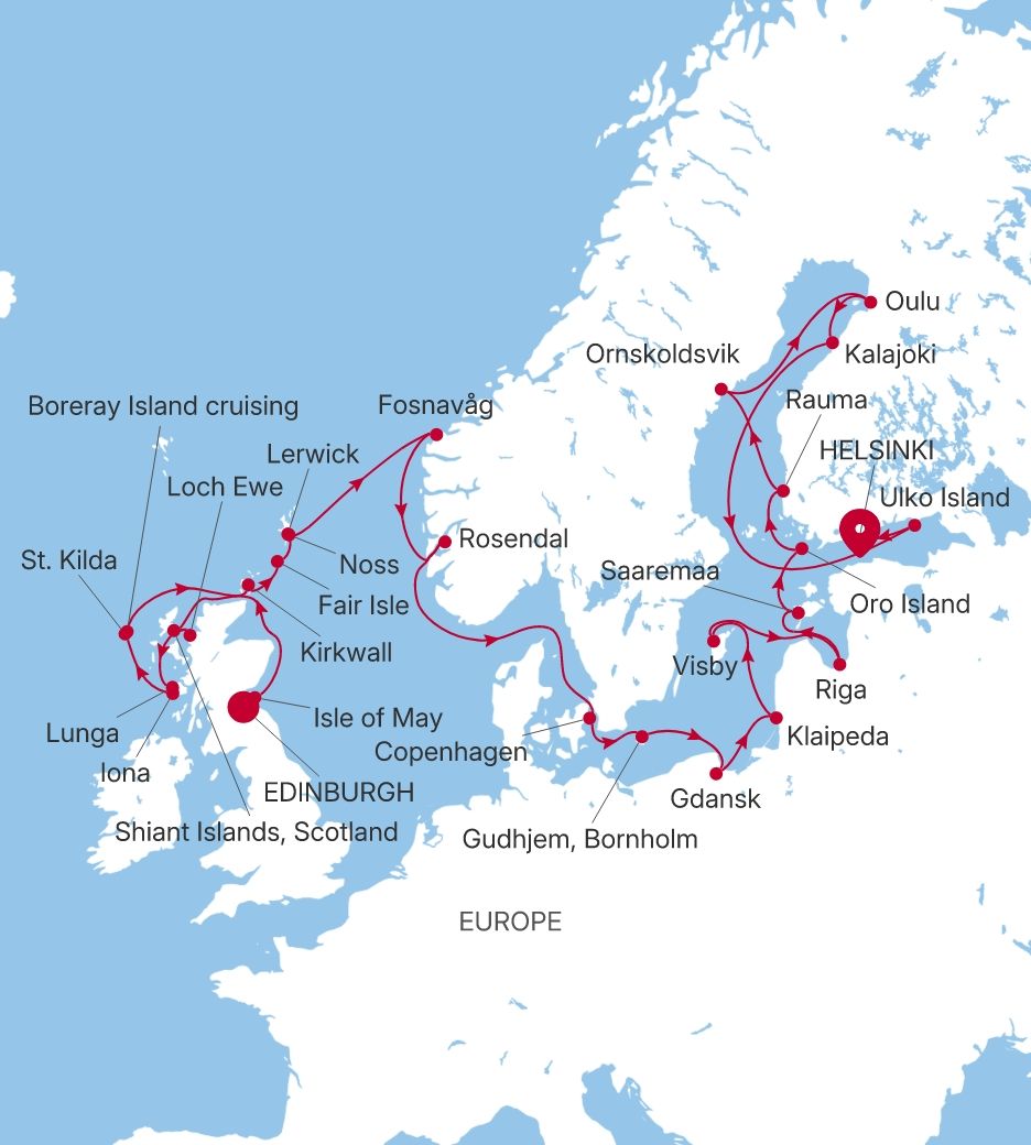 Silver Endeavour Edinburgh (Leith) to Helsinki voyage EV280508C26 itinerary map
