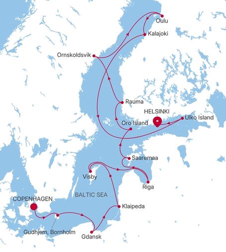 Silver Endeavour Copenhagen to Helsinki voyage EV280520014 itinerary map