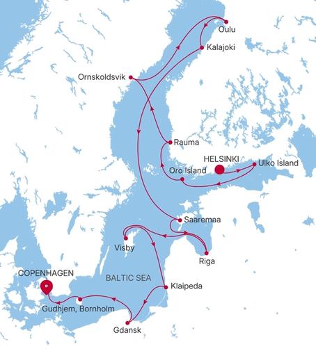 Silver Endeavour Helsinki to Copenhagen voyage EV280603014 itinerary map