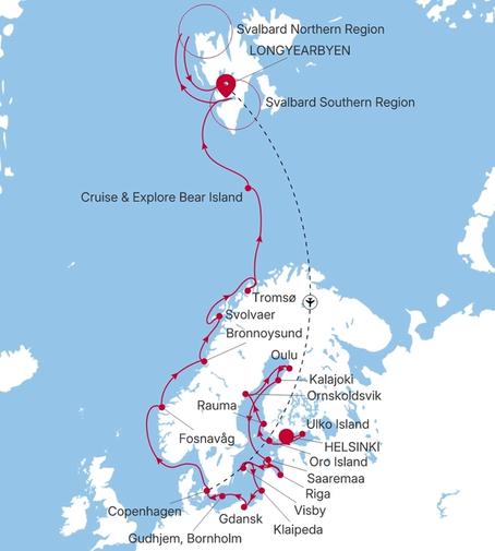 Silver Endeavour Helsinki to Longyearbyen voyage EV280603C28 itinerary map