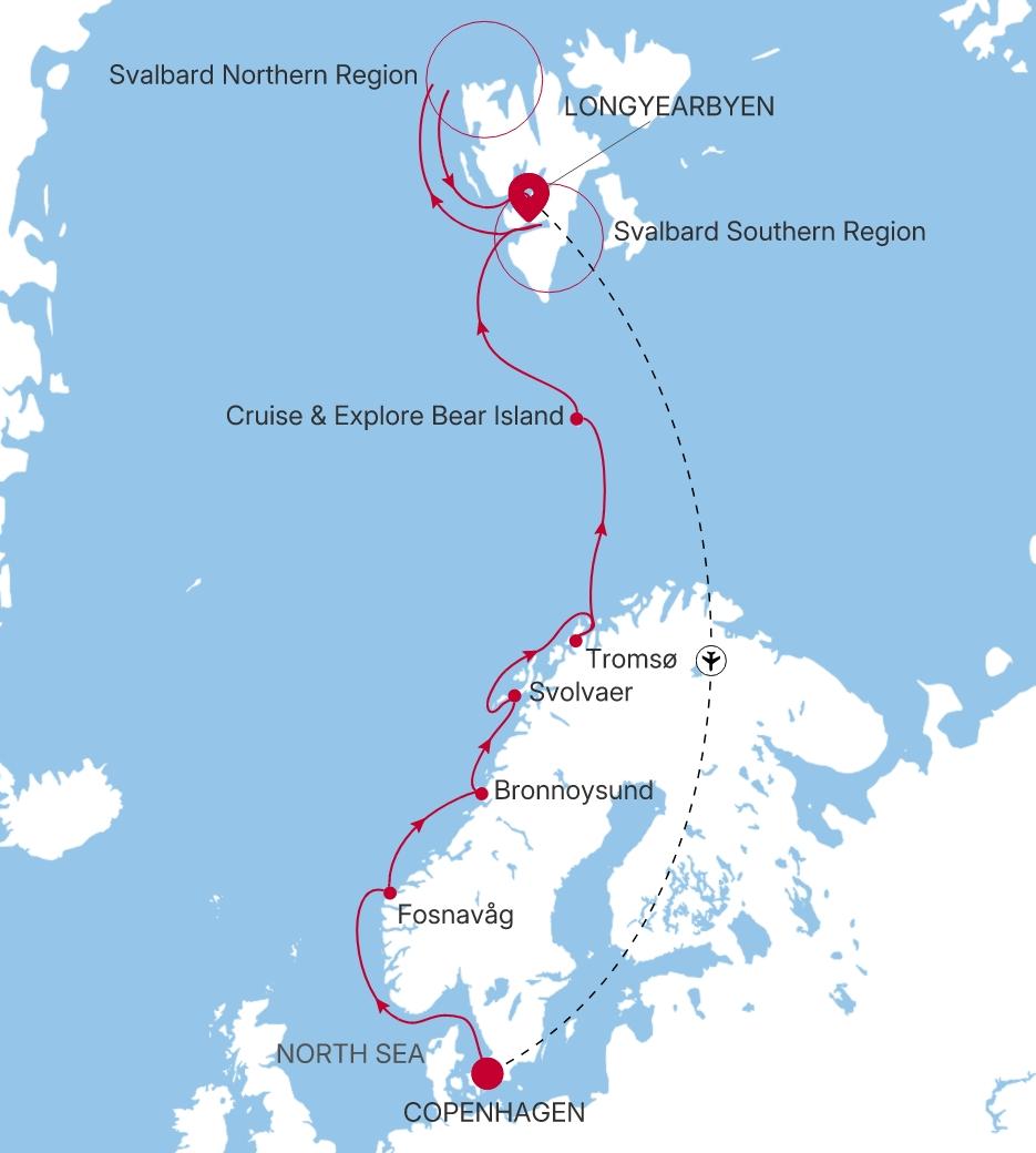 Silver Endeavour Copenhagen to Longyearbyen voyage EV280617014 itinerary map