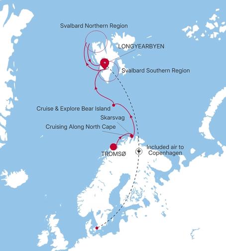 Silver Endeavour Tromsø to Longyearbyen voyage EV280724009 itinerary map