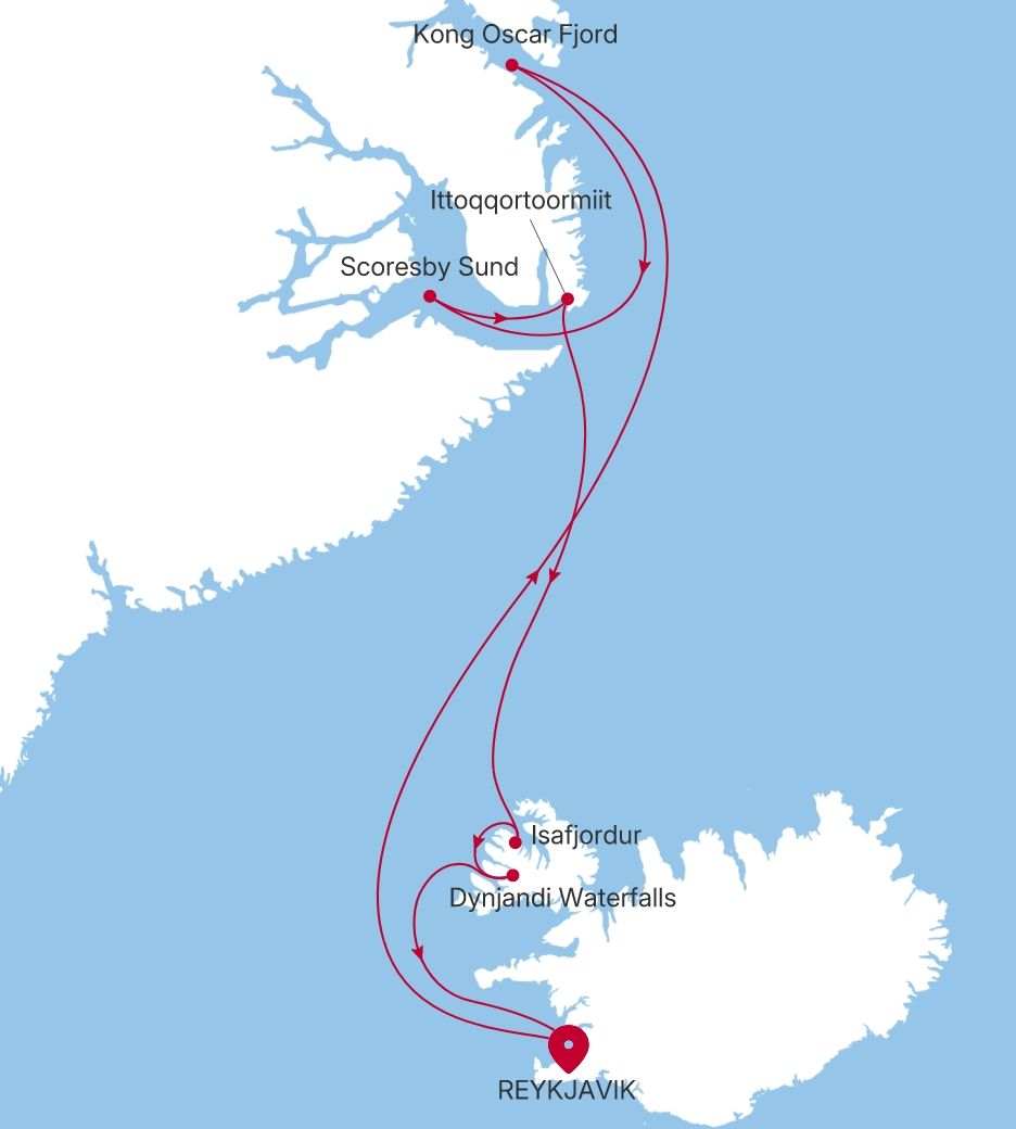 Silver Endeavour Reykjavik to Reykjavik voyage EV280820010 itinerary map