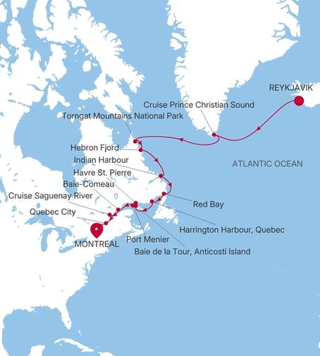 Silver Endeavour Reykjavik to Montreal voyage EV280830018 itinerary map