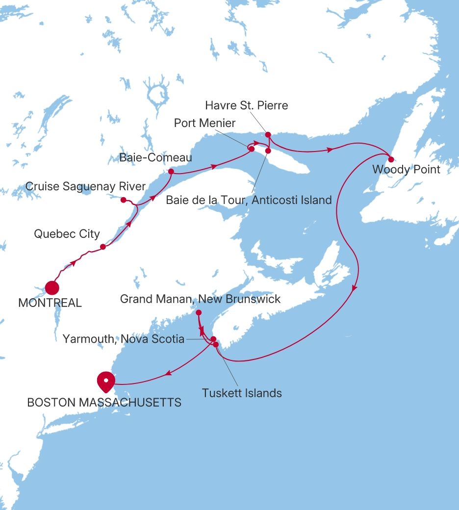 Silver Endeavour Montreal to Boston Massachusetts voyage EV280917012 itinerary map