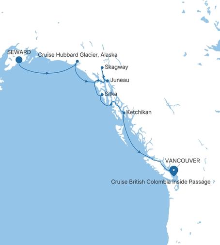 Silver Moon Seward (Anchorage, Alaska) to Vancouver voyage MO260723007 itinerary map