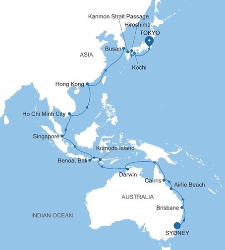 Silver Moon Sydney to Tokyo voyage MO270214C34 itinerary map