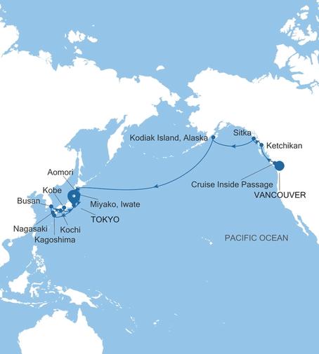Silver Moon Vancouver to Tokyo voyage MO270902C26 itinerary map