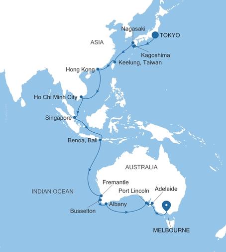 Silver Moon Tokyo to Melbourne voyage MO271107C33 itinerary map