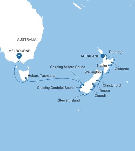 Silver Moon Auckland to Melbourne voyage MO280105014 itinerary map