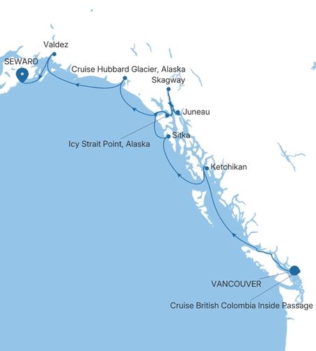 Silver Moon Vancouver to Seward (Anchorage, Alaska) voyage MO280523009 itinerary map