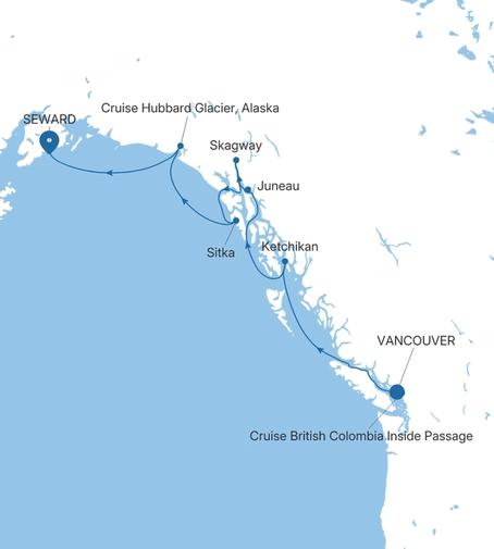 Silver Moon Vancouver to Seward (Anchorage, Alaska) voyage MO280622007 itinerary map