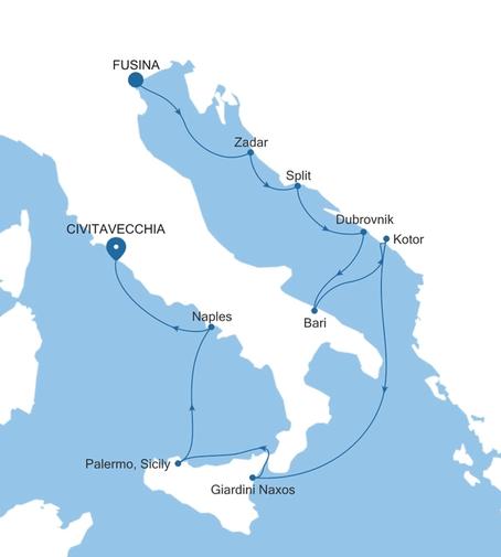 Silver Muse Fusina (Venice) to Civitavecchia (Rome) voyage SM260721010 itinerary map