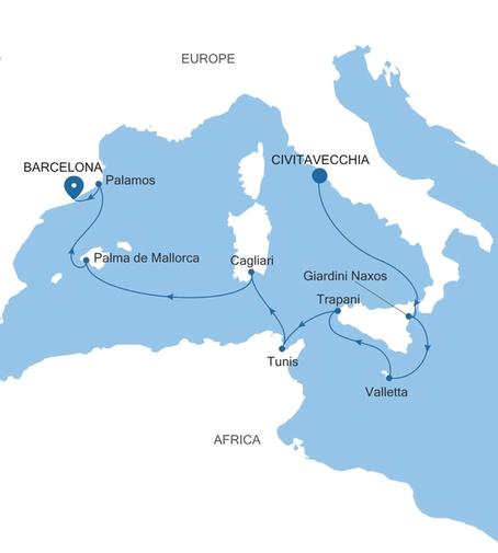 Silver Muse Civitavecchia (Rome) to Barcelona voyage SM260731010 itinerary map
