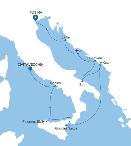 Silver Muse Civitavecchia (Rome) to Fusina (Venice) voyage SM260914010 itinerary map