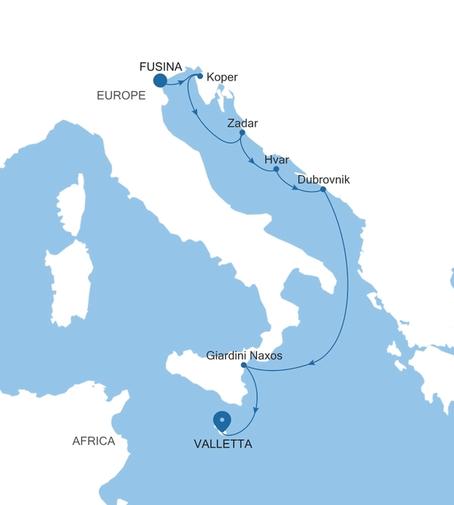 Silver Muse Fusina (Venice) to Valletta voyage SM261007S07 itinerary map