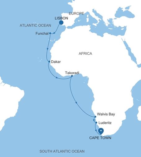 Silver Muse Lisbon to Cape Town voyage SM261021020 itinerary map