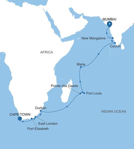 Silver Muse Cape Town to Mumbai voyage SM261110022 itinerary map