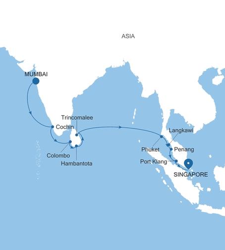 Silver Muse Mumbai to Singapore voyage SM261202018 itinerary map