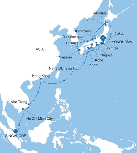 Silver Muse Singapore to Yokohama (Tokyo) voyage SM270314C29 itinerary map