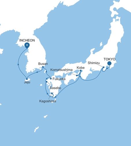 Silver Muse Tokyo to Incheon (Seoul) voyage SM270808012 itinerary map