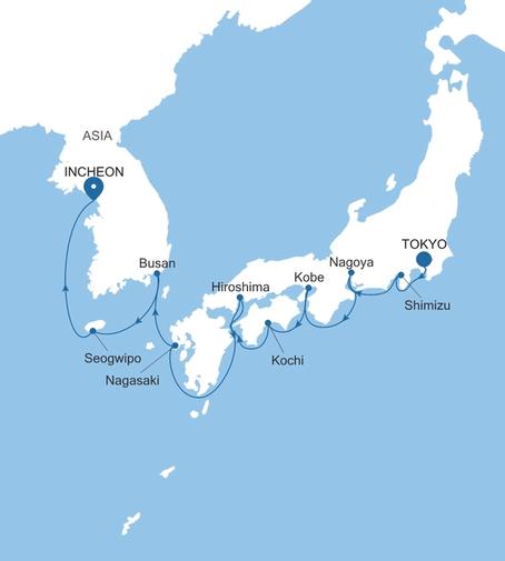 Silver Muse Tokyo to Incheon (Seoul) voyage SM271007012 itinerary map