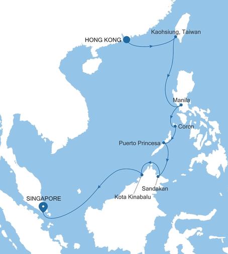 Silver Muse Hong Kong to Singapore voyage SM271205014 itinerary map