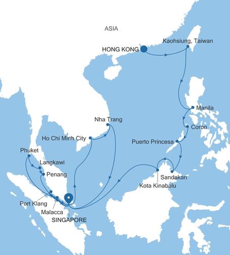 Silver Muse Hong Kong to Singapore voyage SM271205C30 itinerary map