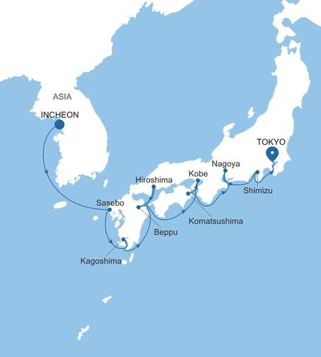 Silver Muse Incheon (Seoul) to Tokyo voyage SM280320013 itinerary map