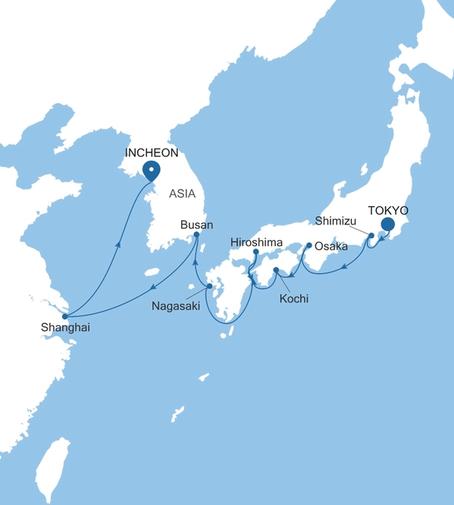 Silver Muse Tokyo to Incheon (Seoul) voyage SM280416014 itinerary map