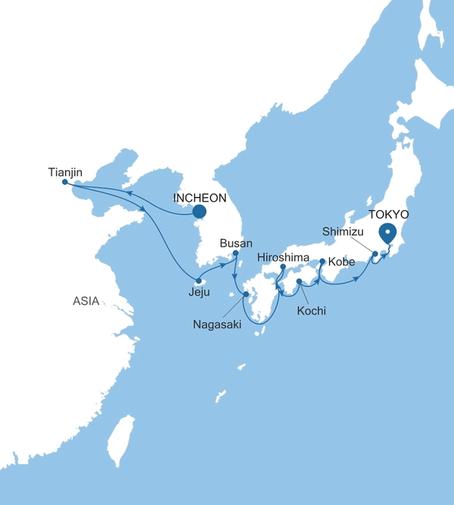Silver Muse Incheon (Seoul) to Tokyo voyage SM280430015 itinerary map