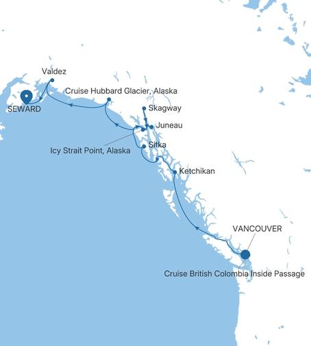 Silver Muse Vancouver to Seward (Anchorage, Alaska) voyage SM280530009 itinerary map