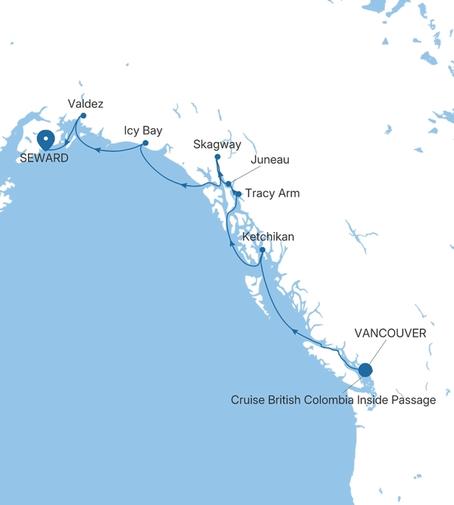 Silver Muse Vancouver to Seward (Anchorage, Alaska) voyage SM280615007 itinerary map