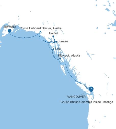 Silver Muse Seward (Anchorage, Alaska) to Vancouver voyage SM280622007 itinerary map