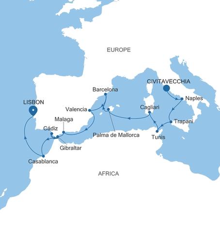Silver Nova Civitavecchia (Rome) to Lisbon voyage SN261123C16 itinerary map