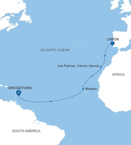 Silver Nova Lisbon to Bridgetown voyage SN261209012 itinerary map