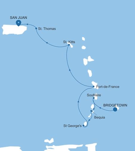 Silver Nova Bridgetown to San Juan voyage SN261221008 itinerary map