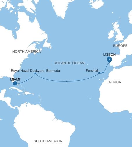 Silver Nova Miami, FL to Lisbon voyage SN270323014 itinerary map