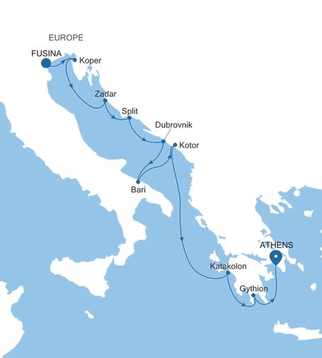 Silver Nova Fusina (Venice) to Athens (Piraeus) voyage SN270505010 itinerary map