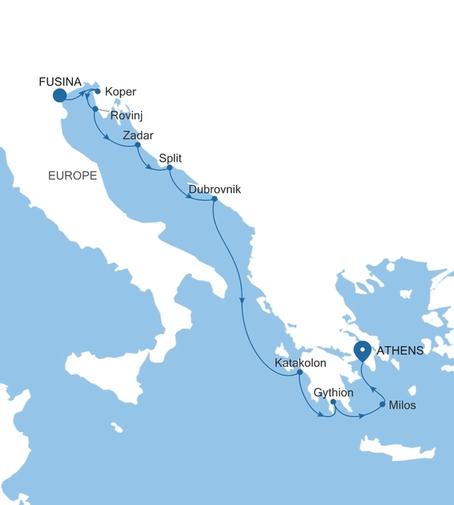 Silver Nova Fusina (Venice) to Athens (Piraeus) voyage SN270824010 itinerary map