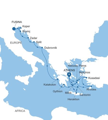 Silver Nova Fusina (Venice) to Athens (Piraeus) voyage SN270824C19 itinerary map