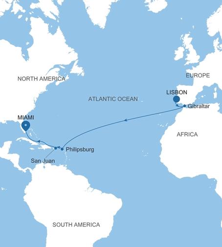 Silver Nova Lisbon to Miami, FL voyage SN271203015 itinerary map