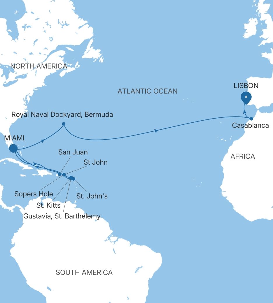 Silver Nova Miami, FL to Lisbon voyage SN280222C24 itinerary map
