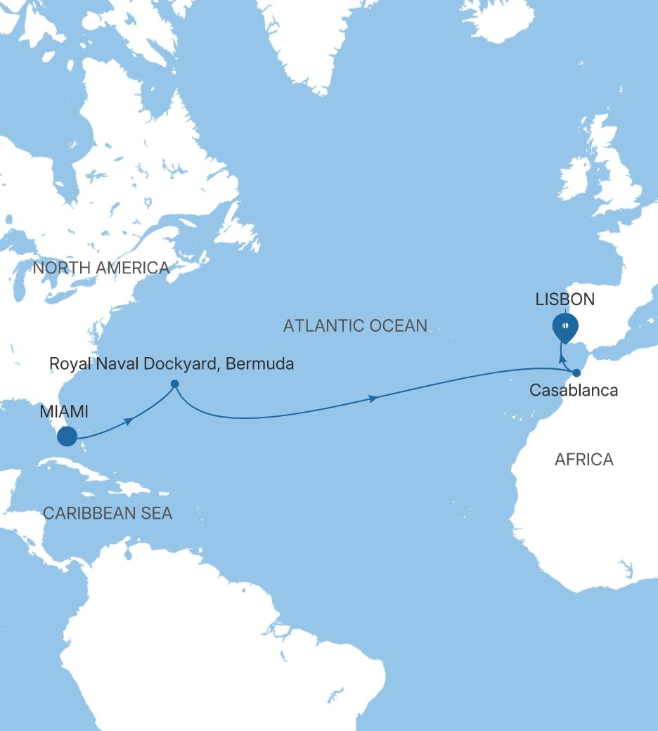 Silver Nova Miami, FL to Lisbon voyage SN280304013 itinerary map