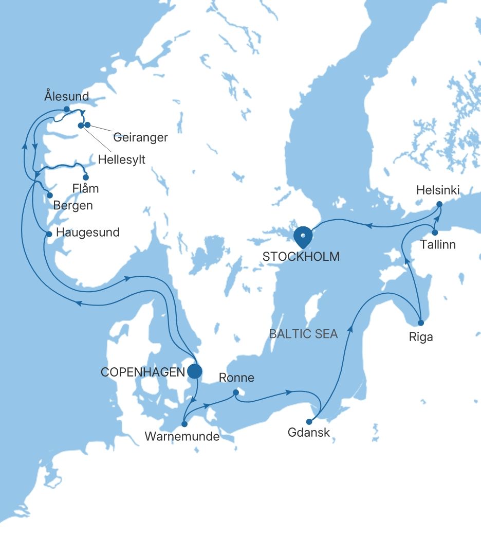 Silver Nova Copenhagen to Stockholm voyage SN280511C16 itinerary map
